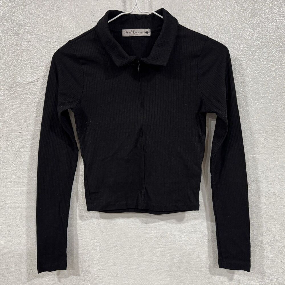 Cloud Dancer Black Ribbed Knit Zip Up Crop Polo Shirt Long Sleeve Juniors S